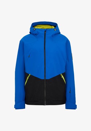 Blaue und schwarze Jacke mit Kapuze. Verfügt über Reißverschlusstaschen, kontrastierende grüne Akzente und ein geometrisches Color-Blocking-Design.