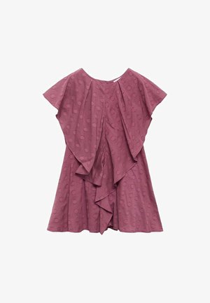 Abito a maniche corte svasato in mauve, con un motivo testurizzato a pois, ruffle sovrapposti e scollatura rotonda.
