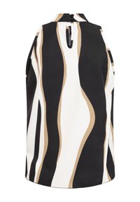 Blouse sans manches à col montant avec des rayures ondulées abstraites en noir, blanc et beige, comprenant un petit œillet et deux boutons à l'arrière.