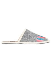 Grey felt slipper with a slip-on design, featuring multicolored woven accents and a cream-colored trim along the opening and base.