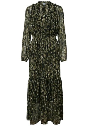 Robe midi à manches longues avec imprimé léopard vert et noir, poitrine à volants, taille élastique et jupe à volants.
