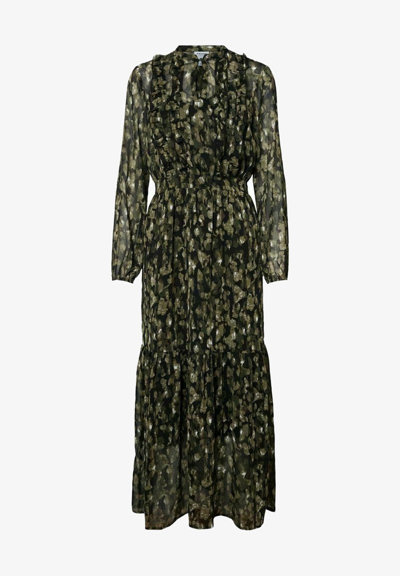 Robe midi à manches longues avec imprimé léopard vert et noir, poitrine à volants, taille élastique et jupe à volants.