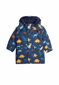 Giacca blu navy con un motivo di dinosauri in arancione, crema e blu. Dotata di un cappuccio e quattro tasche frontali.