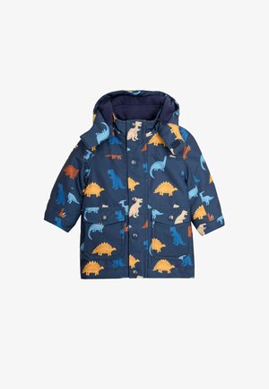 Chaqueta azul marino con un patrón de dinosaurios en naranja, crema y azul. Diseñada con capucha y cuatro bolsillos frontales.