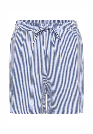 Blauw-witte, verticaal gestreepte casual shorts met een elastische tailleband en een trekkoord aan de voorkant.