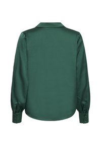 Blusa in satin verde con colletto classico, maniche lunghe con polsini bottonati e una texture liscia, vista da dietro.