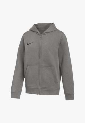 Sudadera con capucha gris con cremallera, bolsillos delanteros y el logo negro de Nike swoosh en el pecho izquierdo, con mangas largas y capucha.