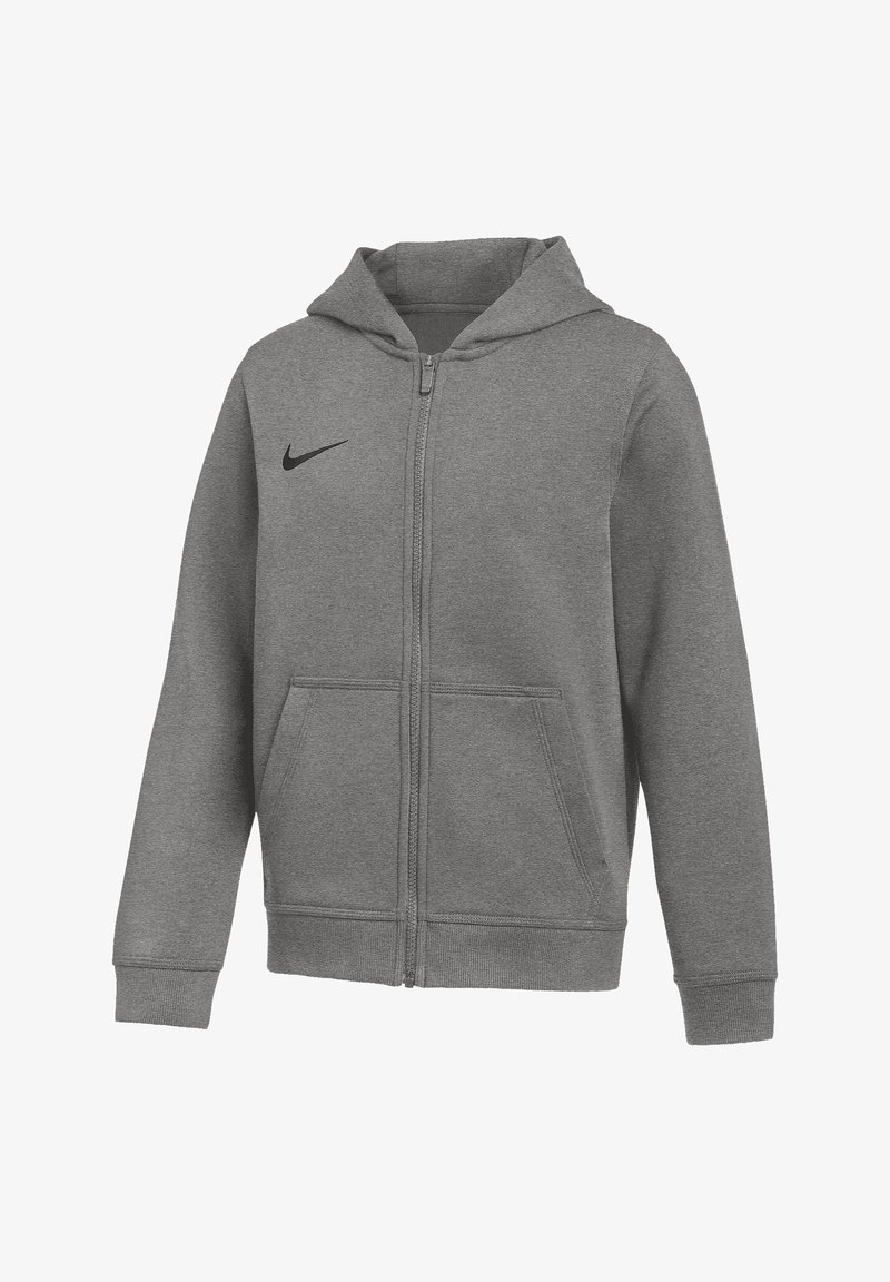 Grau melierter Kapuzenpullover mit durchgehendem Reißverschluss, Fronttaschen und schwarzem Nike-Swoosh-Logo auf der linken Brust, mit langen Ärmeln und Kapuze.