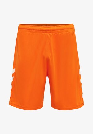 Orange atletiska shorts gjorda av slätt tyg, med en vit design på sidan. Elastisk midja och rak skärning för komfort.