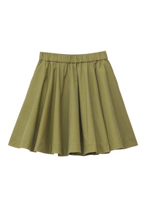 Olive green pleated skirt with elastic waistband, knee-length, made of lightweight fabric.