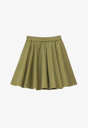 Olive green pleated skirt with elastic waistband, knee-length, made of lightweight fabric.