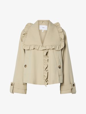 Beige cropped jacket with ruffled collar and front. Features button closures and rolled sleeves, made from a smooth fabric.