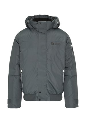 Grijze gewatteerde jas met een hoge kraag, ritszakken aan de zijkant, elastische manchetten en een logo op de borst. Voorzien van een capuchon met trekkoord.