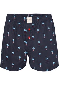 Námořnické modré plavky s vzorem palmových stromů ve světle modré a růžové barvě. Vybavené červenými knoflíky a elastickým pasem pro pohodlné nošení.