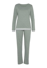 Grau meliertes Baumwoll-Pyjama-Set mit einem Langarmoberteil mit Rundhalsausschnitt und gestreiften Akzenten, kombiniert mit geraden Hosen.