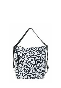 Sac d'épaule à motif noir et blanc avec des formes organiques abstraites, doté d'une fermeture éclair supérieure et d'une sangle ajustable pour le porter.