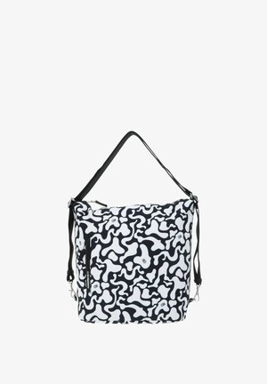 Sac d'épaule à motif noir et blanc avec des formes organiques abstraites, doté d'une fermeture éclair supérieure et d'une sangle ajustable pour le porter.