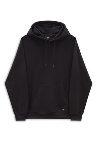 Sudadera negra, hecha de tela suave, con un bolsillo frontal, capucha ajustable con cordones y puños y dobladillo de canalé. Etiqueta de marca mínima en la parte inferior.