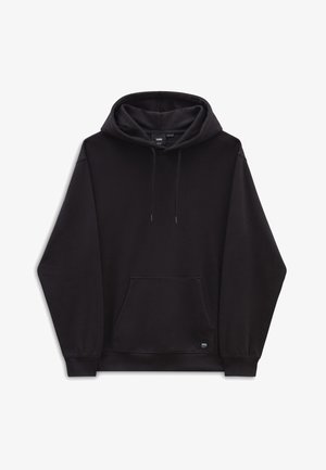 Felpa nera con cappuccio, realizzata in tessuto morbido, dotata di tasca frontale, cappuccio regolabile con cordini e polsini e orlo a costine. Tag di branding minimale in basso.