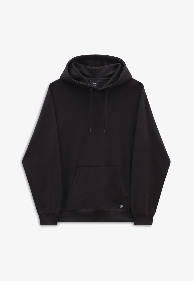 Sudadera negra, hecha de tela suave, con un bolsillo frontal, capucha ajustable con cordones y puños y dobladillo de canalé. Etiqueta de marca mínima en la parte inferior.