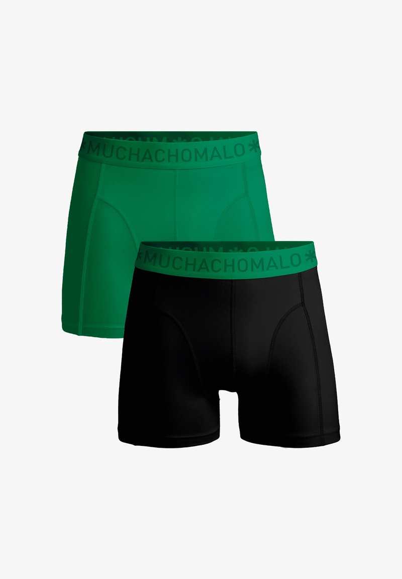 Pánske boxerky v zelenej a čiernej farbe s jemným elastickým pásom s názvom značky "MUCHACHOMALO" v zodpovedajúcich farbách.