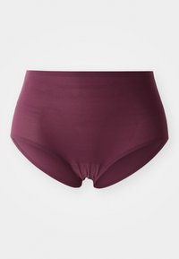 High-waisted burgundy underwear made from smooth, stretchy fabric with a seamless design and elastic waistband. Features gathered rear detailing.