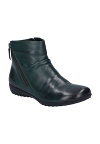 Dark green leather ankle boot with a sleek design, featuring a diagonal zipper and a textured surface. Rounded toe and low black sole.
