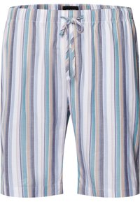 Herren Badeshorts aus leichtem Stoff mit vertikalen Streifen in Blau, Beige und Weiß. Mit elastischem Bund und Kordelzug.
