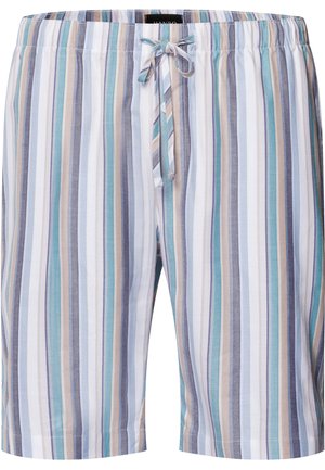 Heren strandshorts van lichte stof met verticale strepen in blauw, beige en wit. Beschikt over een elastische tailleband met een trekkoord.