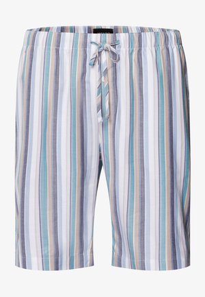 Heren strandshorts van lichte stof met verticale strepen in blauw, beige en wit. Beschikt over een elastische tailleband met een trekkoord.