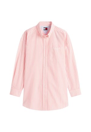 Camicia a maniche lunghe con bottoni, a righe verticali rosa chiaro e bianche e piccolo logo ricamato sul petto.