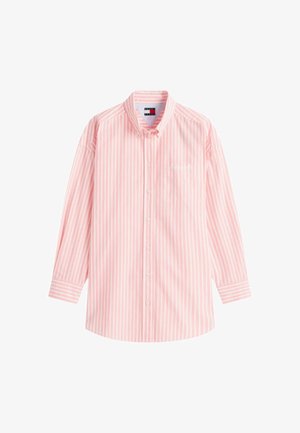 Camicia a maniche lunghe con bottoni, a righe verticali rosa chiaro e bianche e piccolo logo ricamato sul petto.