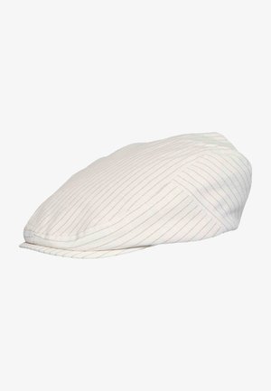 White flat cap with thin vertical gray stripes and a short, stiff brim.