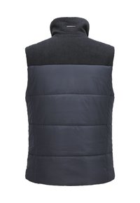 Marineblauer Steppweste mit einem gerippten, dunkelgrauen Strickkragen. Besitzt horizontale Nähte und ein hochgeschnittenes Design. Glattes, isoliertes Gewebe.