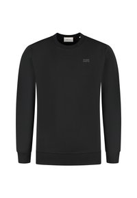 Zwarte sweatshirt gemaakt van een gladde stof. Heeft een ronde halslijn, lange mouwen, geribbelde manchetten en een subtiele logo op de borst.