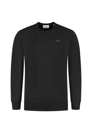 Schwarzer Sweatshirt aus einem glatten Material. Hat einen Rundhalsausschnitt, lange Ärmel, gerippte Bündchen und ein dezentes Logo auf der Brust.