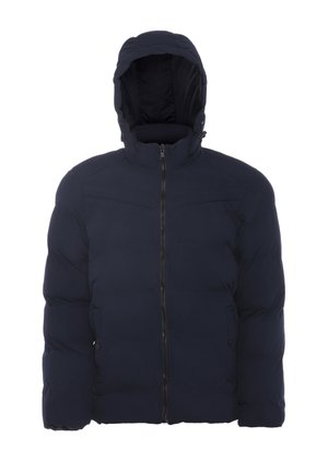 Marineblaue, wattierte Jacke mit Frontreißverschluss und angenähter Kapuze, mit Seitentaschen und hohem Kragen für kaltes Wetter.