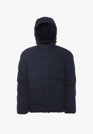 Navy blue padded jacket with a front zipper and attached hood, featuring side pockets and a high collar for cold weather.