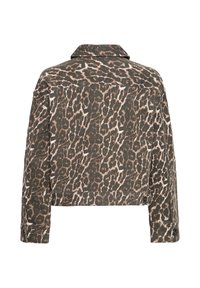 Veste courte à imprimé léopard avec manches longues, poignets boutonnés et col classique, vue de dos sur fond blanc.