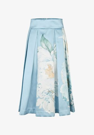 Light blue A-line skirt with pleats and large white and beige floral prints, featuring green leaves and a high waistband.