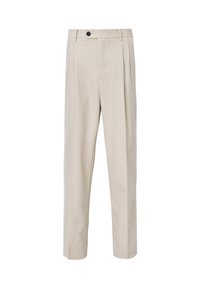 Beige tailored trousers with a straight-leg design, featuring front pleats, a button closure, and smooth fabric texture.