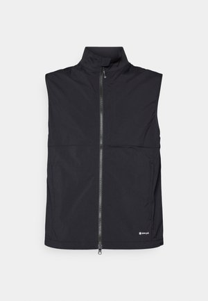 Black sleeveless vest with high collar, front zipper, and side pockets. Made of lightweight fabric with a smooth texture and logo detail.