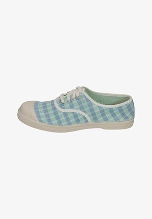 Light blue and green checked canvas shoe with white laces, rubber toe cap, and textured sole. Rounded shape, low-cut design.