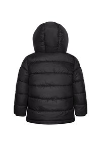 Black puffer jacket with a hood, featuring a quilted design and elastic cuffs. Soft texture with a zippered bottom hem, seen from the back.