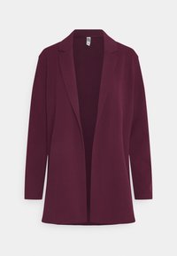 Burgundy blazer with a single-button closure, long sleeves, notch lapels, and a smooth, soft texture. No visible hardware or embellishments.