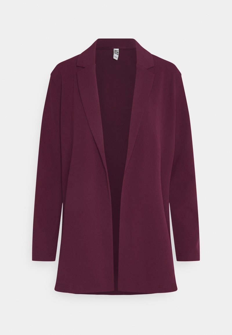 Burgundy blazer with a single-button closure, long sleeves, notch lapels, and a smooth, soft texture. No visible hardware or embellishments.