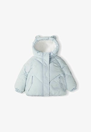 Light blue puffer jacket with a hood featuring bear ears, diagonal quilted design, elastic cuffs, and two side pockets. Inner lining is white.