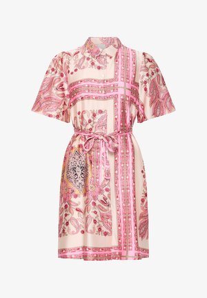 Short-sleeve dress in light pink fabric featuring intricate paisley and floral prints, with a belted waist and button-down front.
