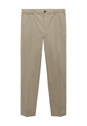 Pantaloni beige realizzati in tessuto intrecciato, con un design a gamba dritta, chiusura con un solo bottone e due tasche laterali.