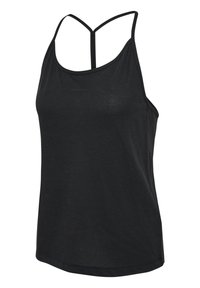 Top de entrenamiento negro con tirantes finos, hecho de tejido transpirable, con un diseño perforado y un pequeño logo de la marca en el frente.